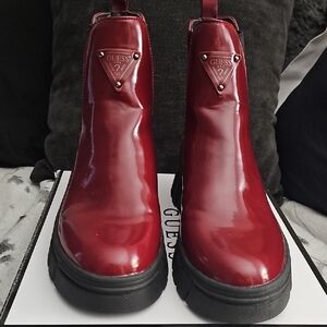 GUESS Women's Glossy Burgundy Ankle Booties